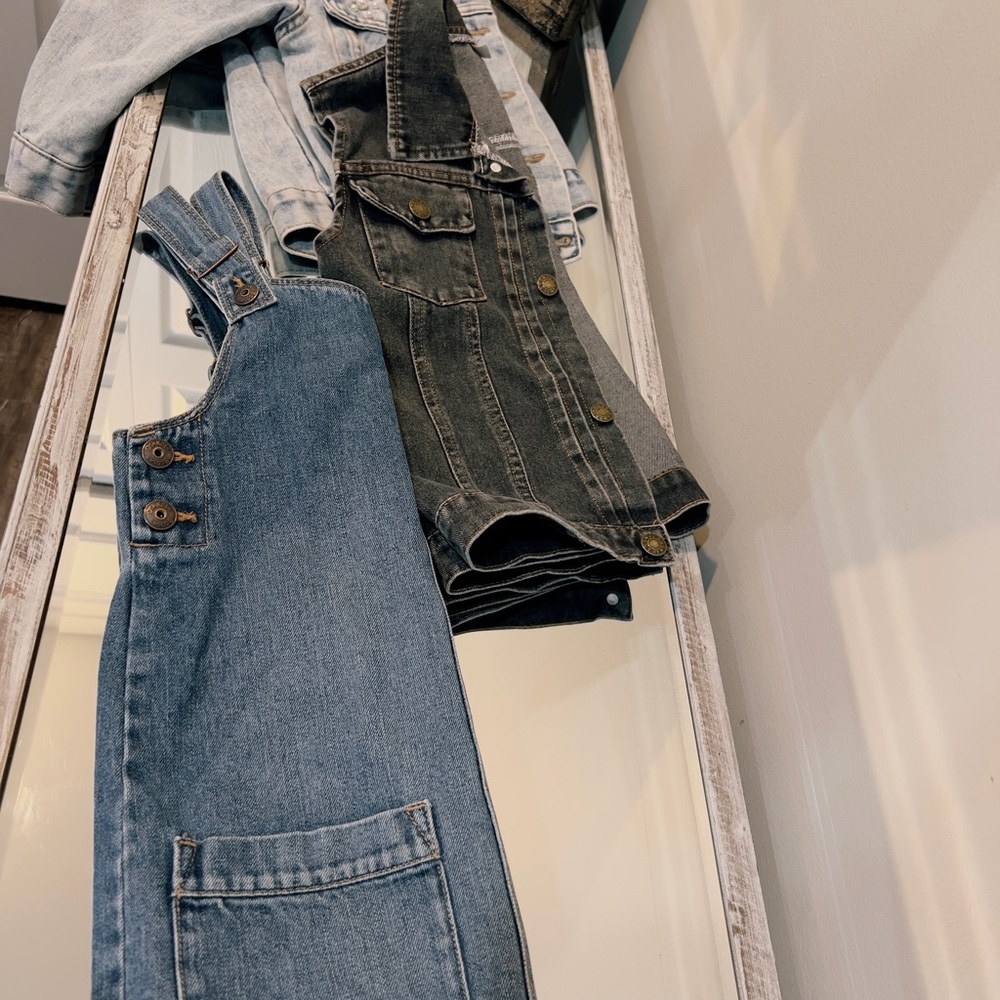 Denim Overalls, west and jacket with pearl bundle for 7-8 years old girls